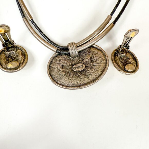 Chico's Celestial Tribal Oval Pendant Leather Cords Necklace & Earrings Set - Picture 4 of 4